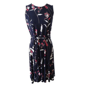 CHARTER Club Petite navy red & white print sleeveless tie‎ belt pullover dress S